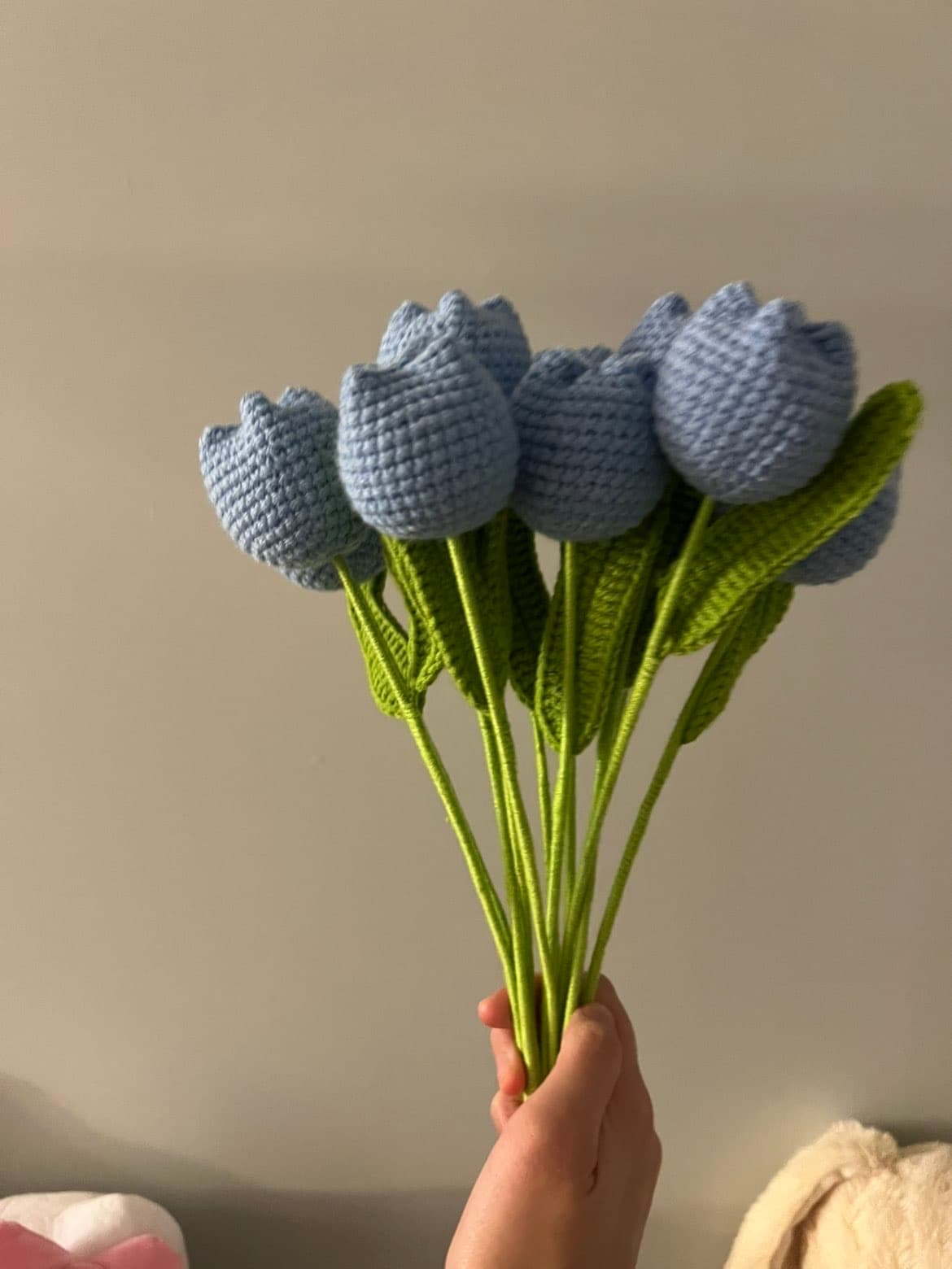 Blue crochet tulip bouquet display