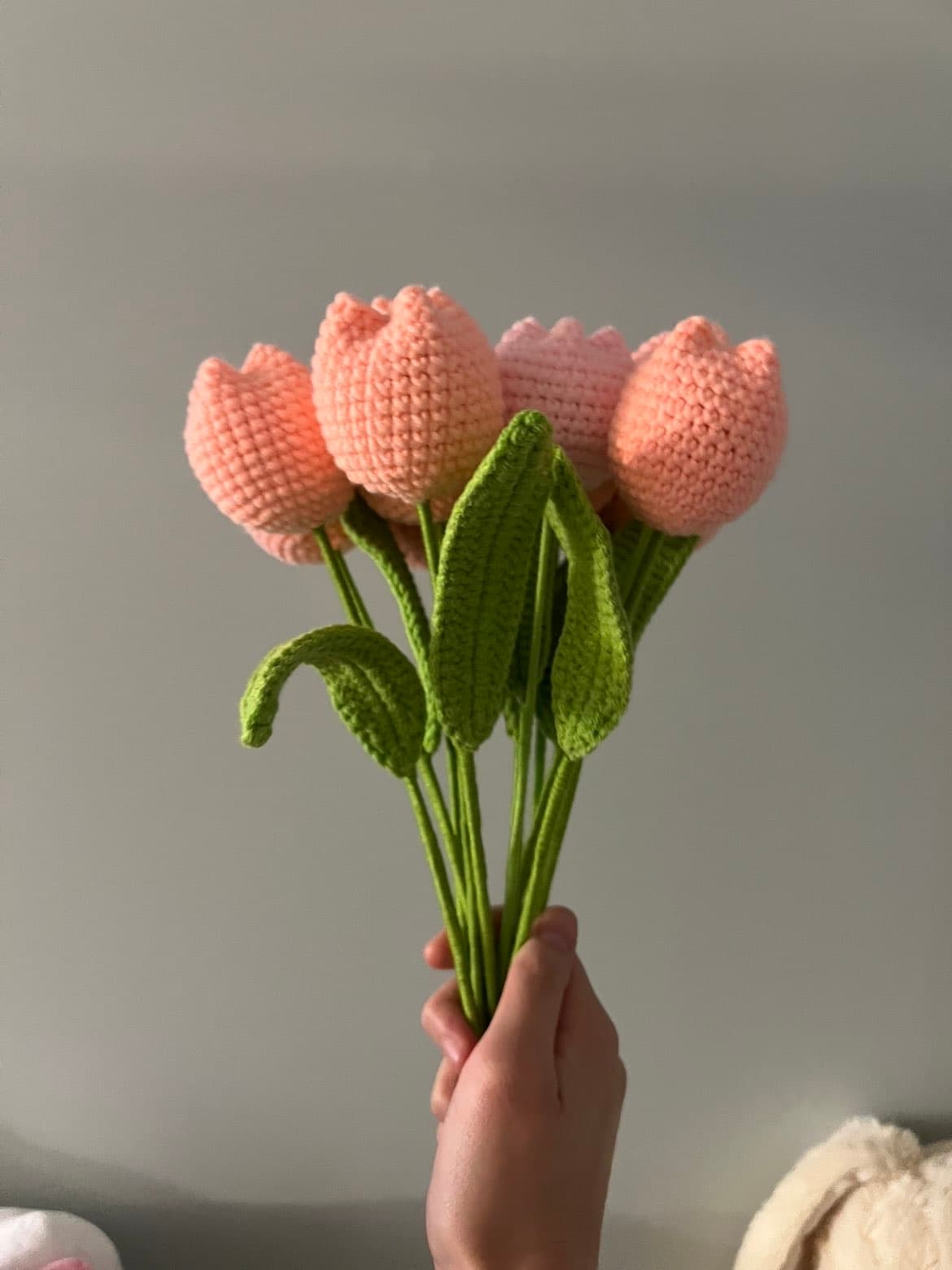 Pink crochet tulip bouquet display