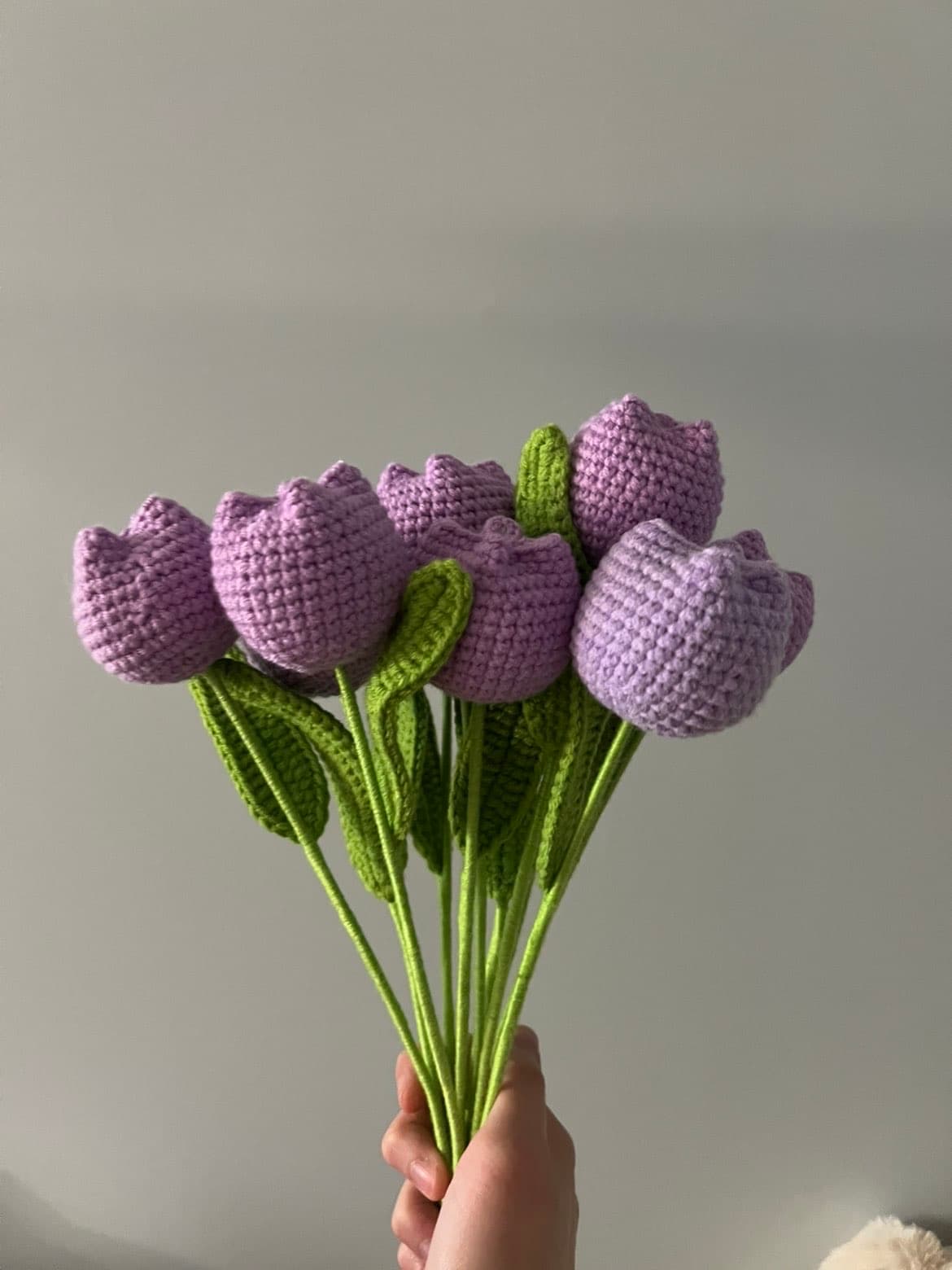 Purple crochet tulip bouquet display