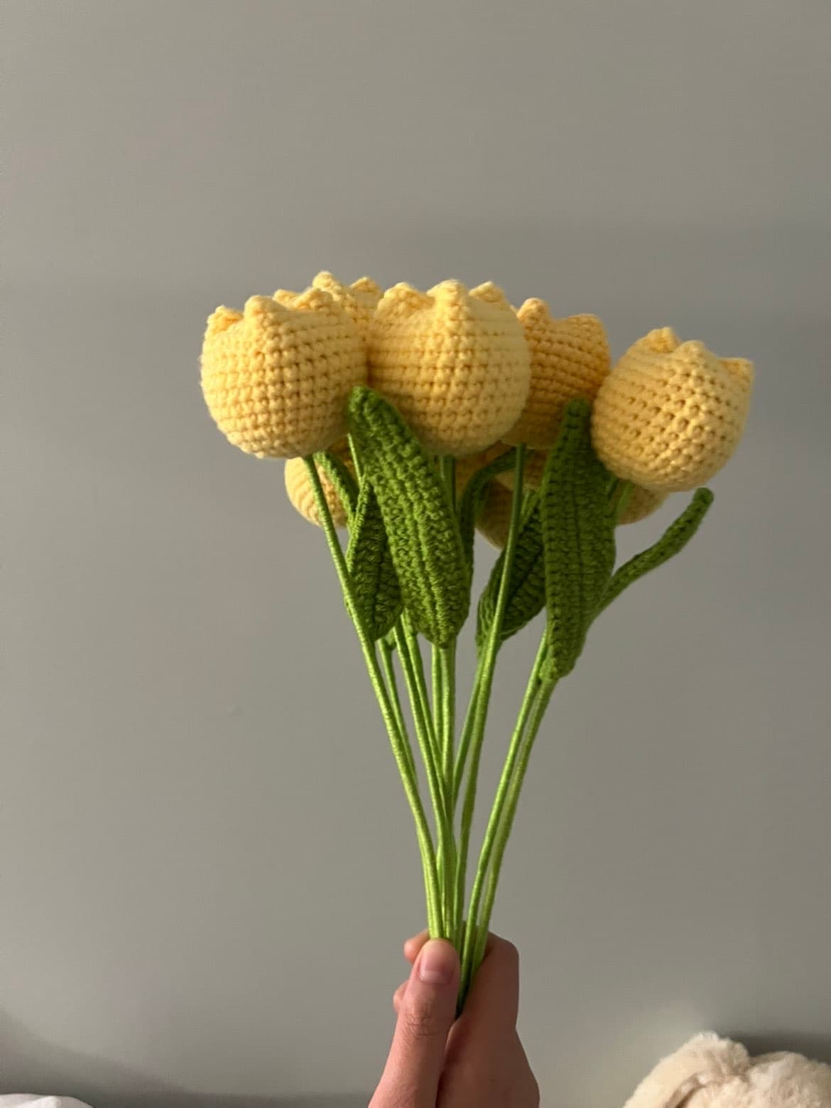 Yellow crochet tulip bouquet display